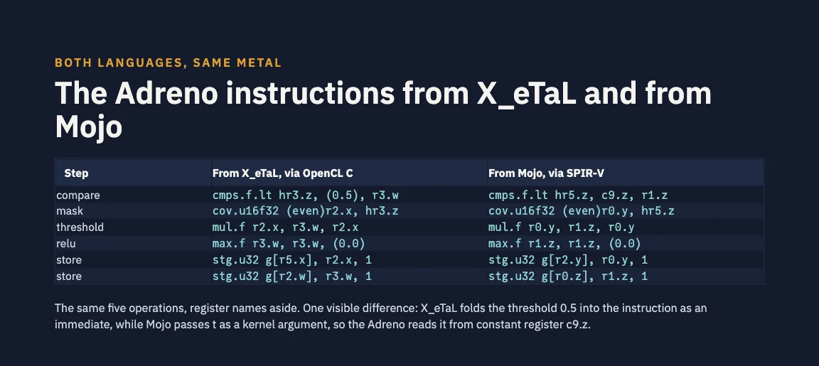 A slide, Both languages, same metal: the Adreno instructions from X_eTaL and from Mojo. Compare, mask, threshold, ReLU and two stores, from X_eTaL through OpenCL C and from Mojo through SPIR-V: the same operations, cmps.f.lt, cov.u16f32, mul.f, max.f and stg.u32, with different registers. X_eTaL folds the threshold 0.5 into the compare as an immediate; Mojo passes t as a kernel argument, read from the constant register c9.z