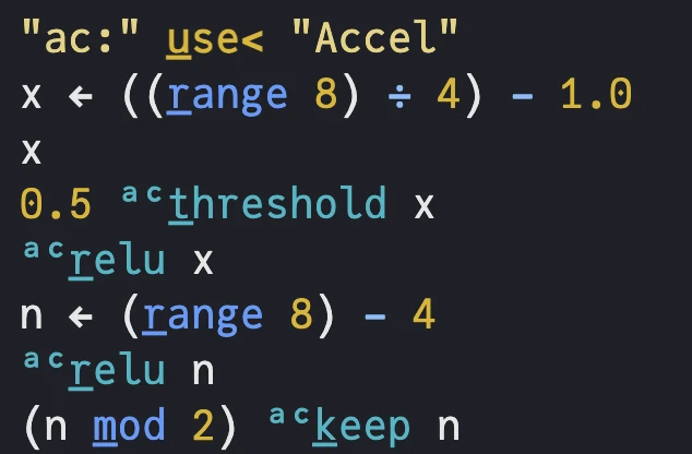 The threshold program as the X_eTaL editor draws it: the Accel library imported as ac, x gets range 8 divided by 4 minus 1.0, then x, 0.5 threshold x, relu x, n gets range 8 minus 4, relu n, and n mod 2 keep n; the library alias raised, function names with one underlined letter