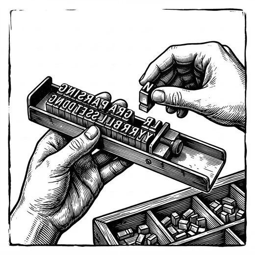 A compositor's hand setting metal type in a composing stick