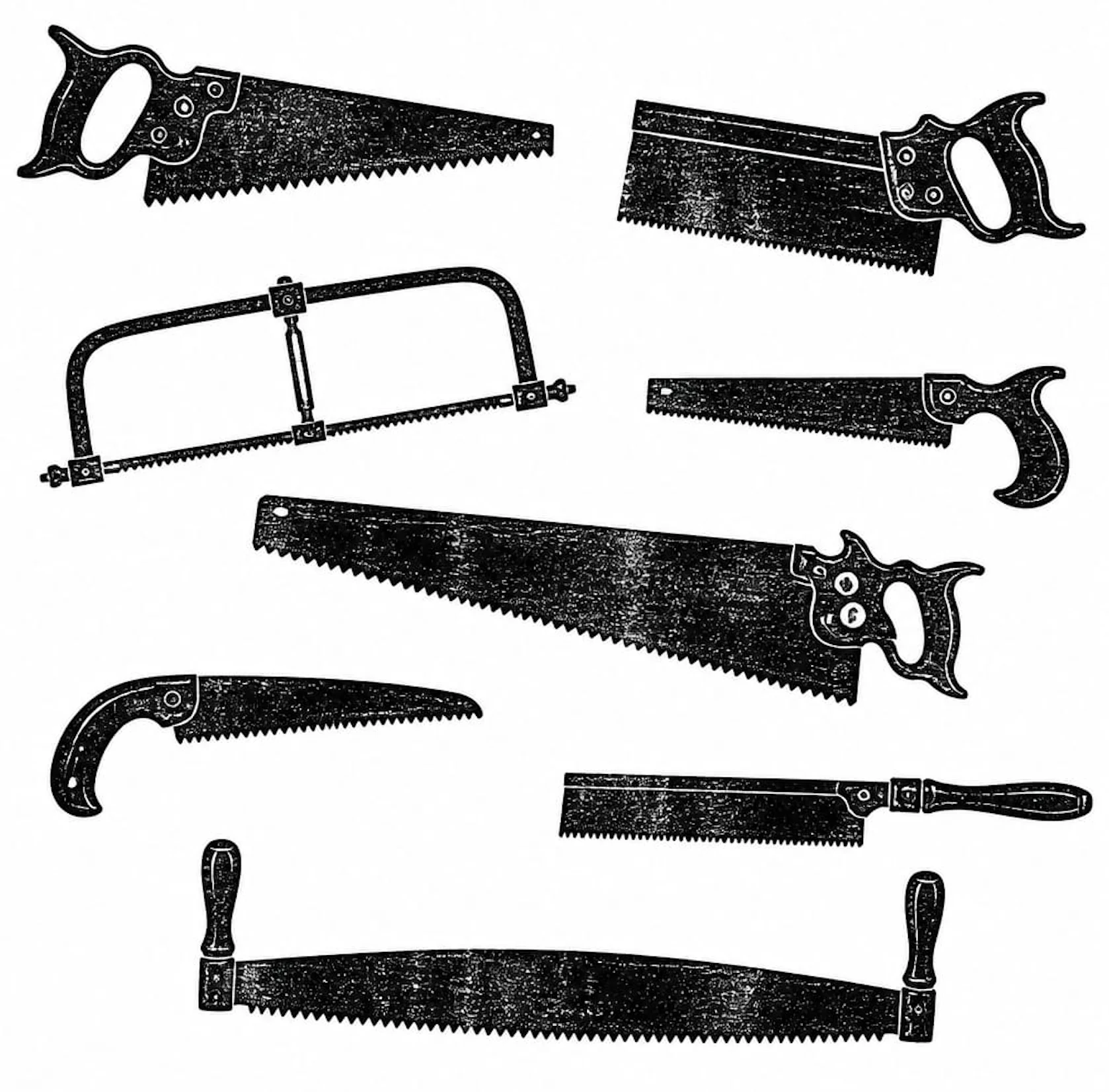 Eight different saws---rip, crosscut, coping, keyhole, two-handed, pruning---rendered as a woodcut