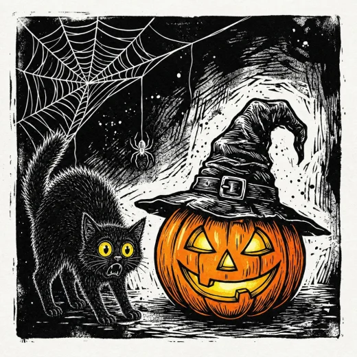 A block print of a black cat, fur on end and eyes wide, startled by a grinning jack-o'-lantern in a witch's hat, a spider hanging from a web above them