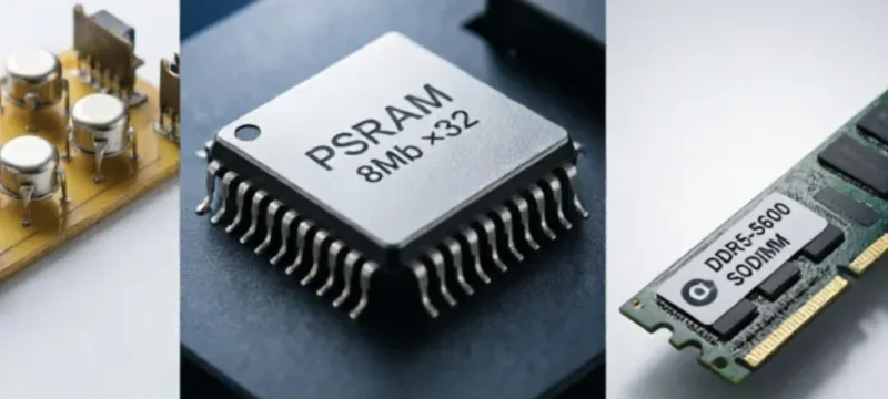 Three generations of memory: a core plane, a PSRAM chip, a DDR5 SODIMM