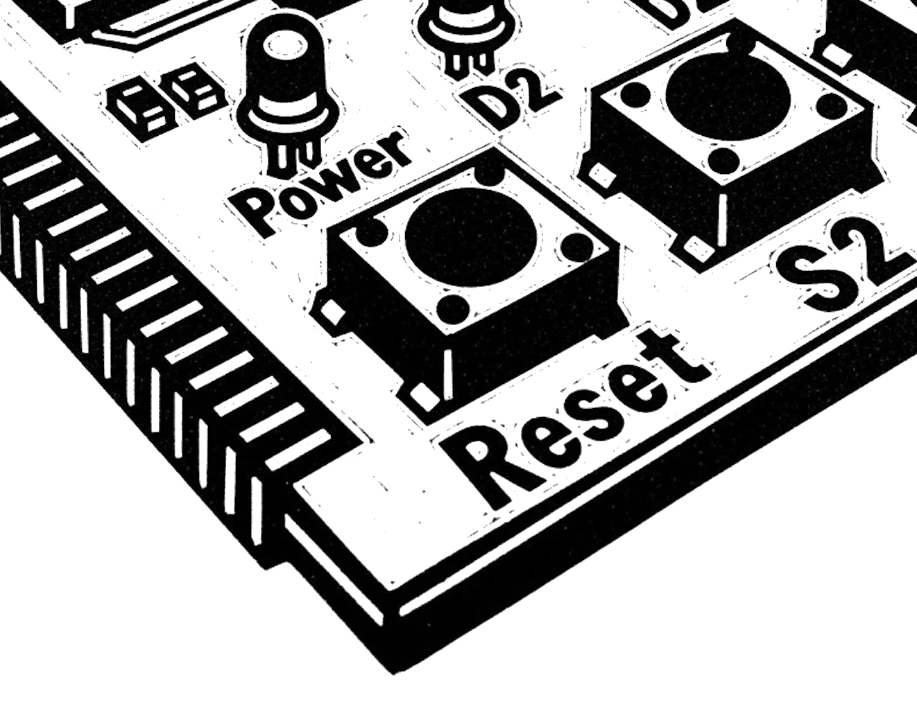COR24 dev board detail showing S2, D2, Reset, and Power