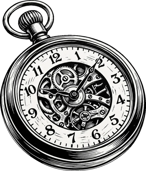 A block print of a pocket stopwatch, its face cut away to show the gears inside