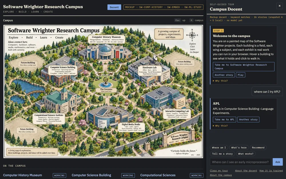 The campus map with the docent drawer open on the right: a welcome stop, the question 'where can I try APL?', and the answer locating APL in the Computer Science Building with a Take me to APL button