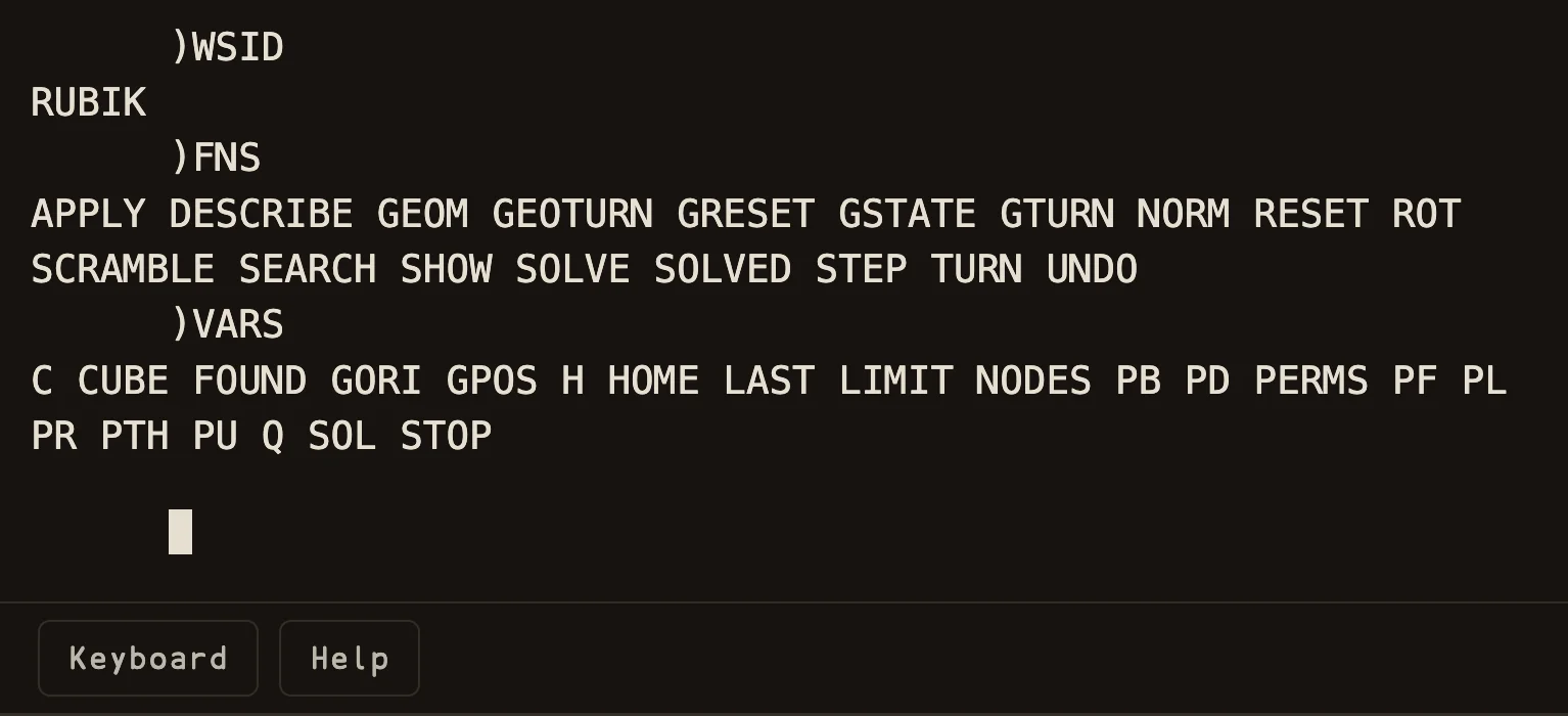 sw-apl listing the RUBIK workspace: )WSID shows RUBIK, )FNS lists APPLY DESCRIBE GEOM GEOTURN GRESET GSTATE GTURN NORM RESET ROT SCRAMBLE SEARCH SHOW SOLVE SOLVED STEP TURN UNDO, and )VARS lists its variables