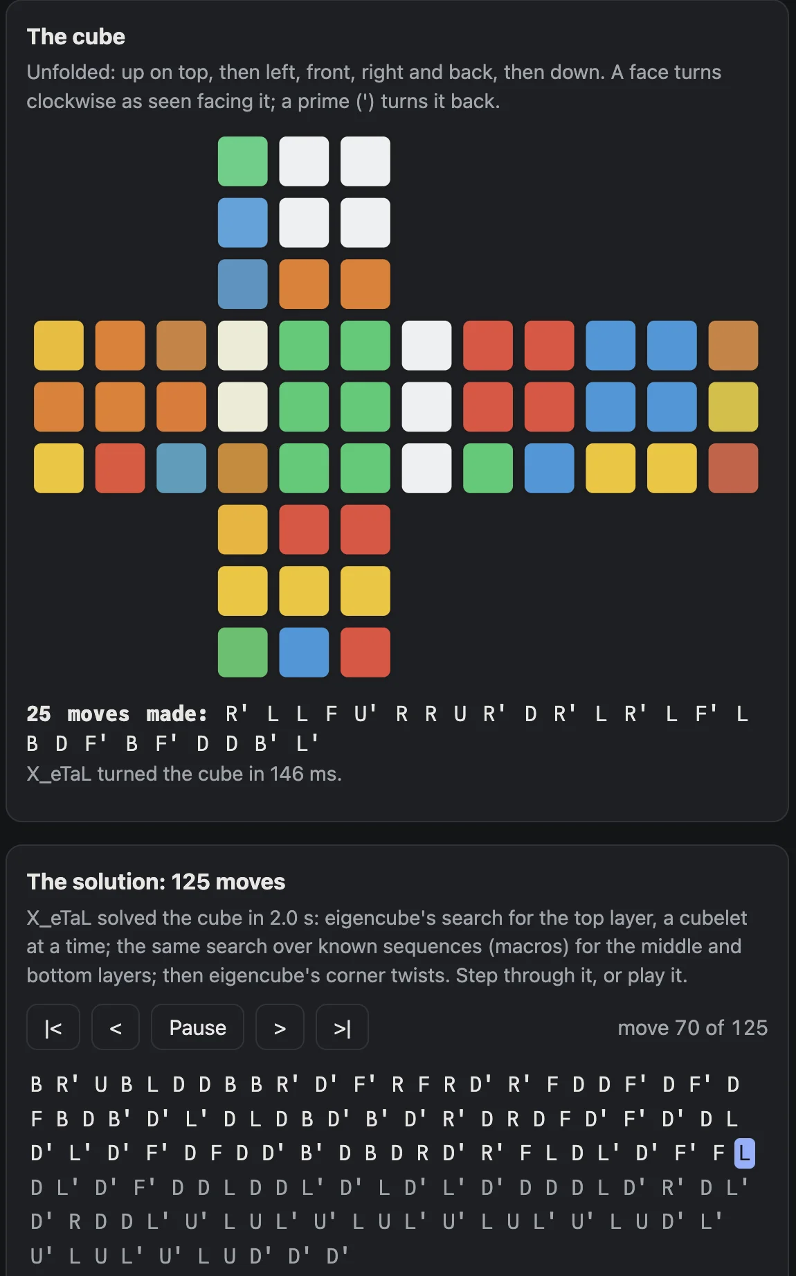 The X_eTaL Eigencube web page: the unfolded cube after a 25-move scramble, and the solution of 125 moves, found in 2.0 seconds, paused at move 70 with the current move highlighted
