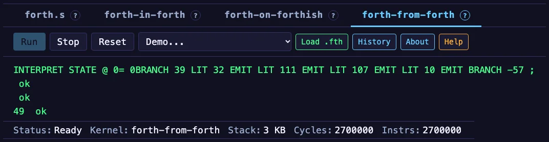 The Tiny Forth COR24 debugger in the browser with four tabs, forth.s, forth-in-forth, forth-on-forthish and forth-from-forth, the last selected; SEE QUIT shows INTERPRET STATE @ 0= 0BRANCH 39 LIT 32 EMIT LIT 111 EMIT LIT 107 EMIT LIT 10 EMIT BRANCH -57, then ok twice and 49 ok after defining SQUARE and running 7 SQUARE dot; the status line says Ready, kernel forth-from-forth