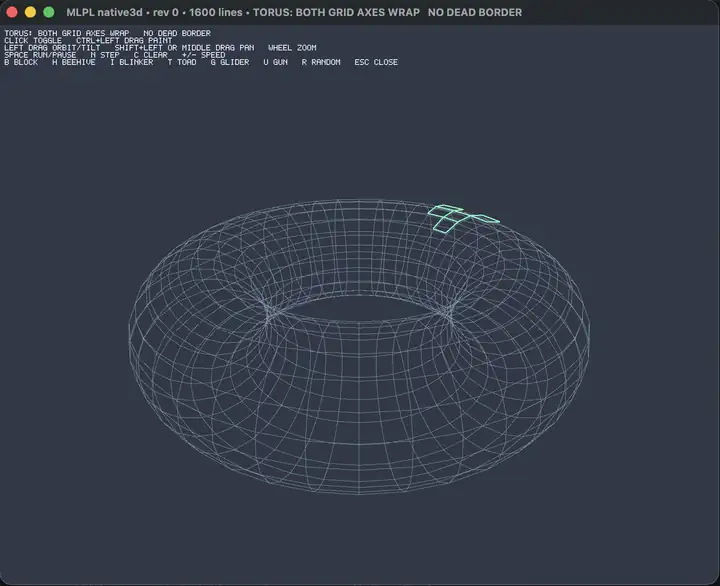 A glider advancing across the wrapped native Life torus