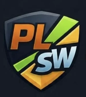 The PL/SW badge: the letters PL in orange and SW in light blue on a dark shield with green and gold stripes