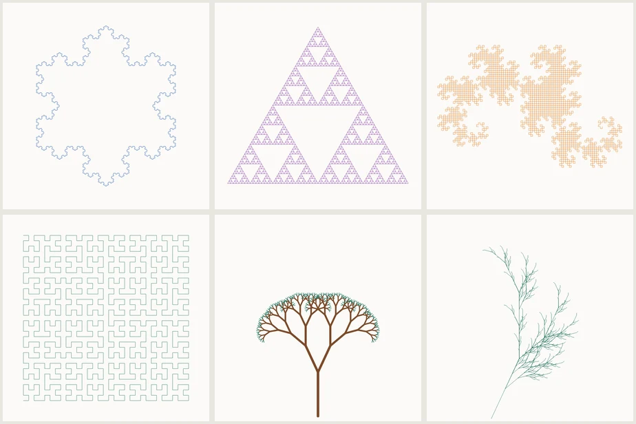 Six fractals drawn by reva-fork's turtle graphics and saved as SVG: a Koch snowflake in blue, a Sierpinski triangle in purple, a dragon curve in orange, a Hilbert curve in green, a brown and green fractal tree, and an L-system plant