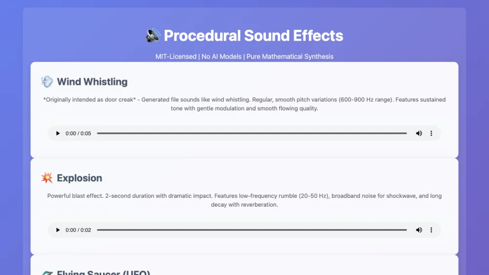 The February demo page, Procedural Sound Effects, MIT-licensed, no AI models: its first card is Wind Whistling, originally intended as a door creak, with a note that the generated file sounds like wind whistling; below it an explosion and a flying saucer