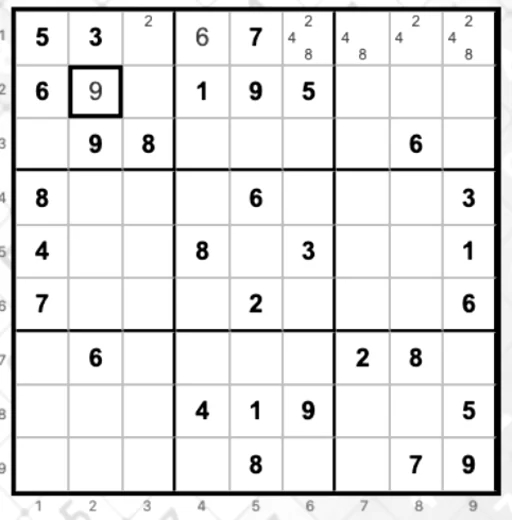 A Sudoku board in play, with pencil-mark candidates and coordinate labels