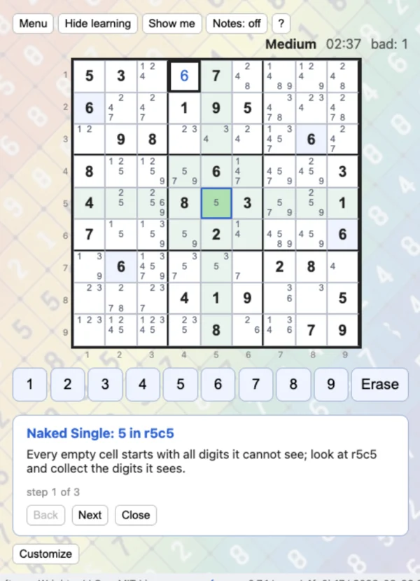 Learn mode walking through a naked single, with the pattern cell highlighted
