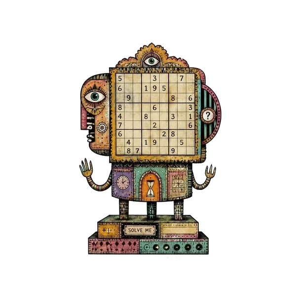 A folk-art totem with a Sudoku grid for a body and a SOLVE ME plaque