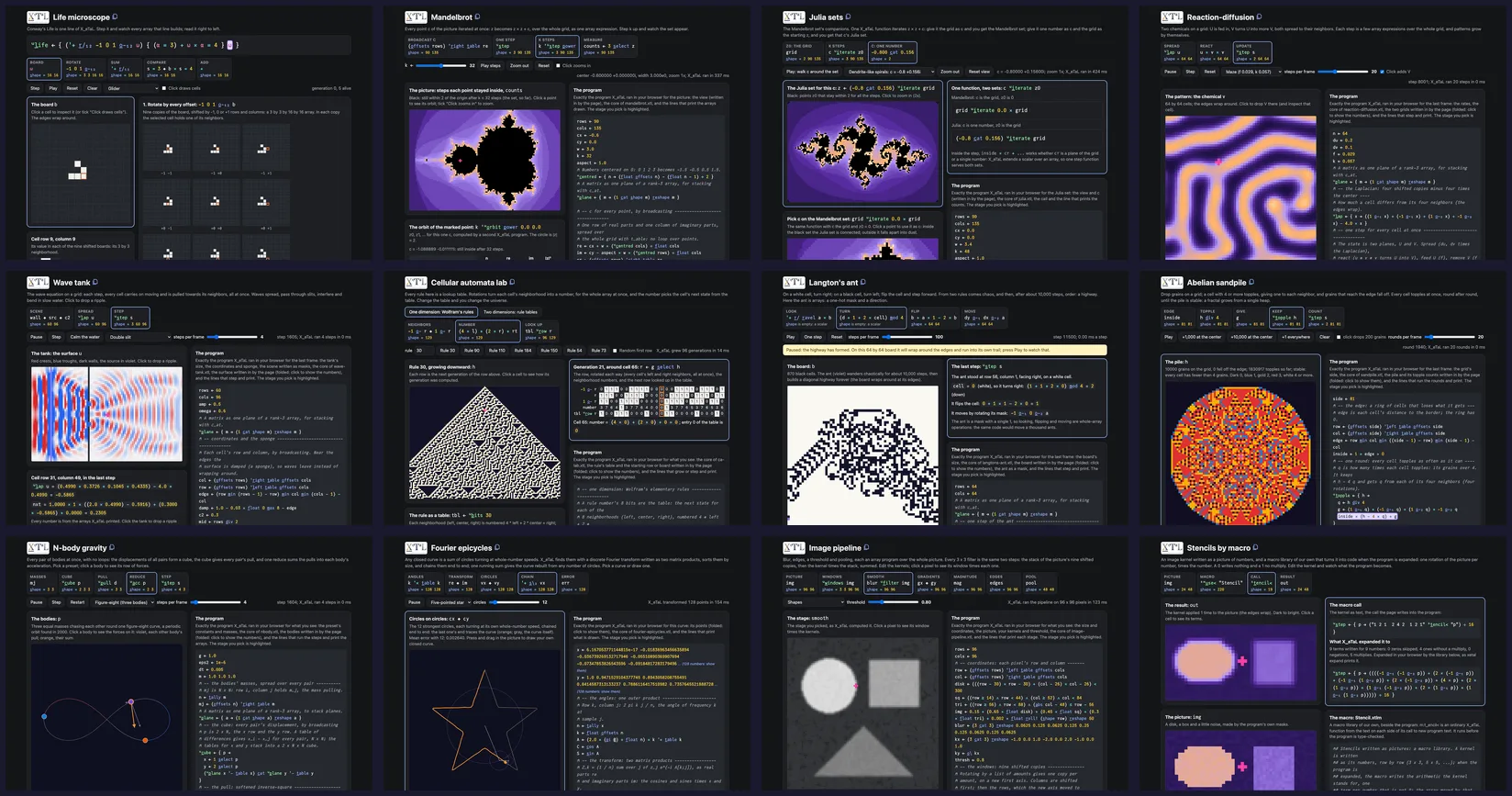 Twelve screenshots from the X_eTaL demo catalog: the Life microscope, Mandelbrot, Julia sets, reaction-diffusion, the wave tank, the cellular automata lab, Langton's ant, the abelian sandpile, N-body gravity, Fourier epicycles, the image pipeline, and stencils by macro