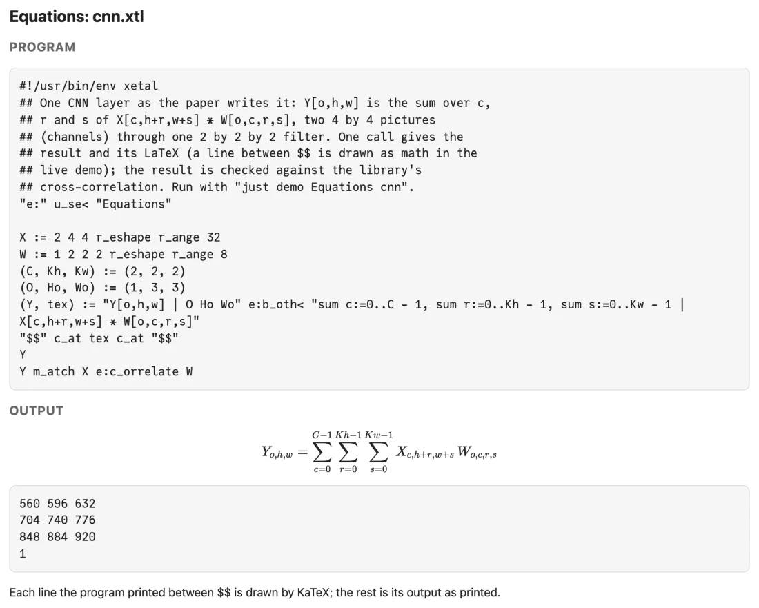 The Equations library's page for its CNN demo: the program, then its output, where the line printed between double dollar signs is drawn by KaTeX as the triple sum Y sub o,h,w equals the sum over c, r and s of X sub c, h plus r, w plus s times W sub o,c,r,s, followed by the result 560 596 632, 704 740 776, 848 884 920 and a 1