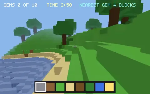 Gem Hunt: the voxel world with the gem count, the time and the distance to the nearest gem across the top