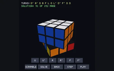 The voxel Rubik's cube partway through a 152-move solution, with its turn and control buttons
