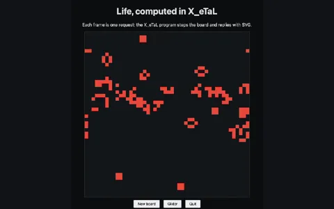Conway's Life in a browser page, stepped by the X_eTaL program once per request