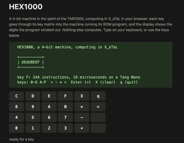 HEX1000 in the browser: a terminal showing DEADBEEF on the machine's eight-digit display, the instructions the last key took, and a hexadecimal keypad below