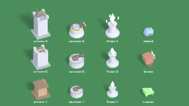 The twelve tower defense pieces rendered by Blender and lined up on green: arrow, cannon and frost towers at three levels each, and the shield, brute and runner creeps, each labeled