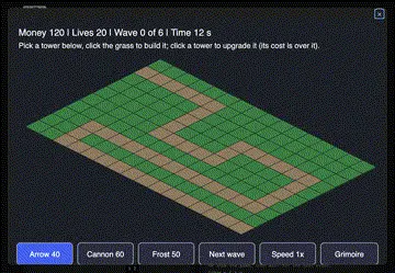 The tower defense game's isometric board, with its money, lives, wave and time across the top and the tower buttons below