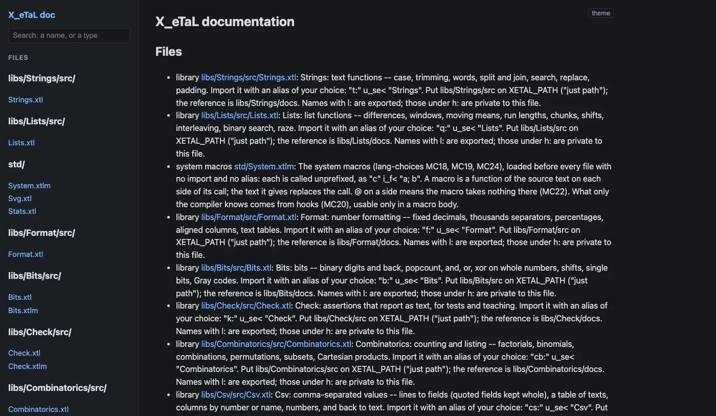 The X_eTaL-libraries cross-reference site: a search box for a name or a type, the files grouped by directory in the side bar, and each library described with its import line