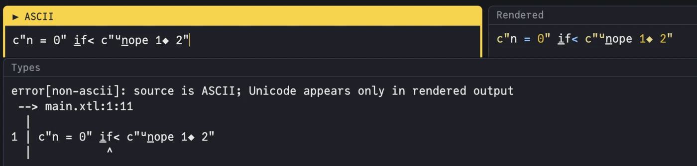 The X_eTaL live demo: the drawn form of a line pasted into the ASCII pane, and below it error[non-ascii] at main.xtl:1:11 with the column marked