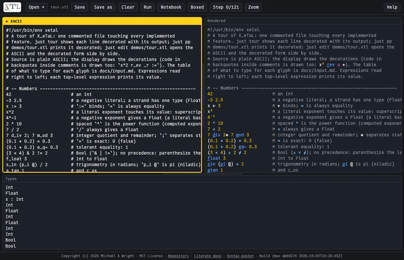 The X_eTaL live demo: ASCII source on the left, the decorated rendering on the right, inferred types below