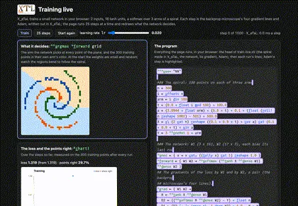 A small network learning a spiral, its decision regions bending as the loss falls