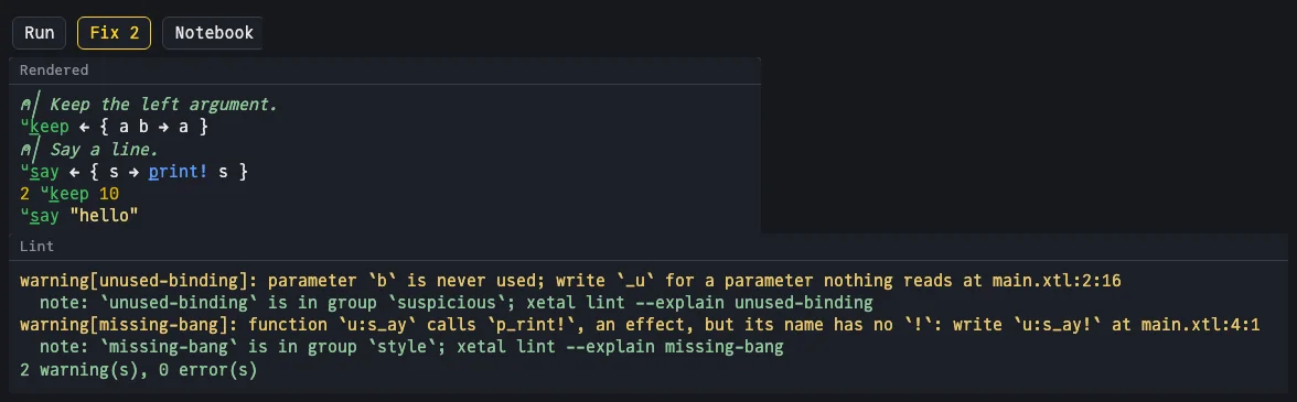 The live demo after Lint: a Fix 2 button in the toolbar, the drawn program, and two warnings: parameter b is never used, write _u for a parameter nothing reads; and u:s_ay calls p_rint!, an effect, but its name has no !, write u:s_ay!