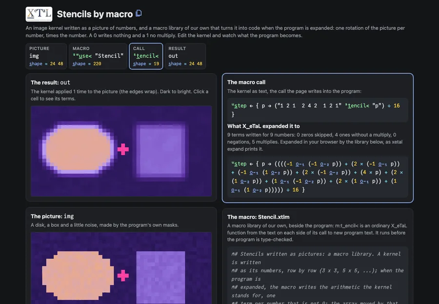 The stencils-by-macro page: a kernel written as a grid of numbers, its expanded code, and the filtered image